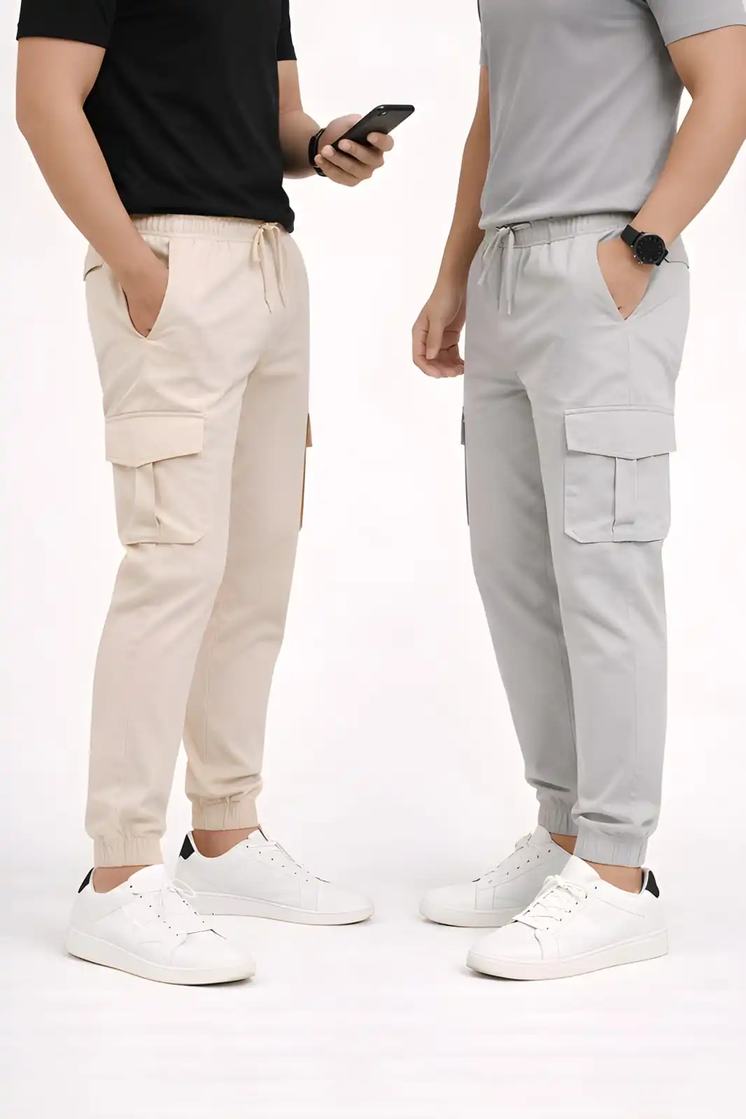 2 Piece Combo Cargo Joogers ( Light Cream + Silver )
