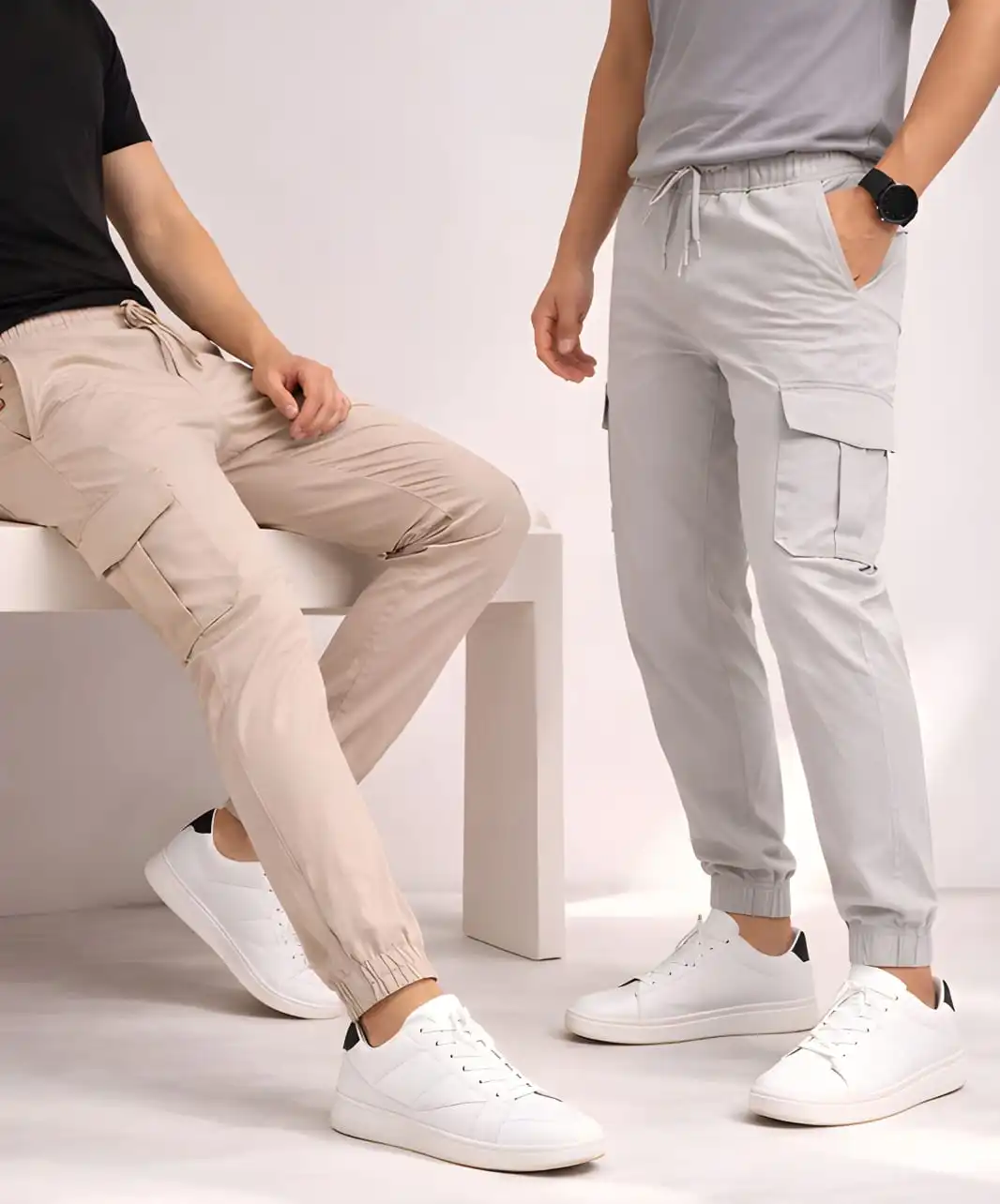 2 Piece Combo Cargo Joggers ( Cream + Silver )