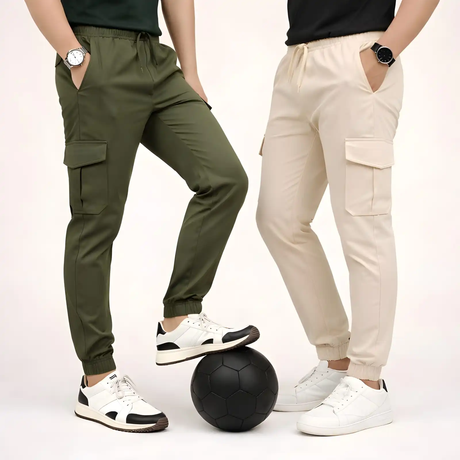 2 Piece Combo Cargo Joogers ( Olive + Light Cream )