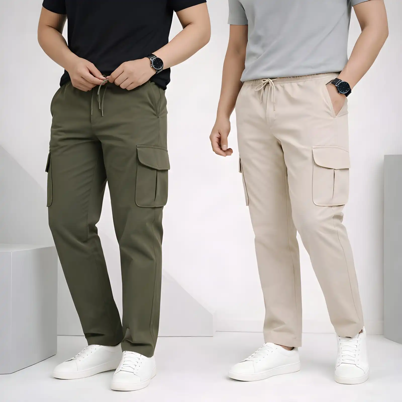 2 Piece Combo Cargo Pant ( Olive + Cream )